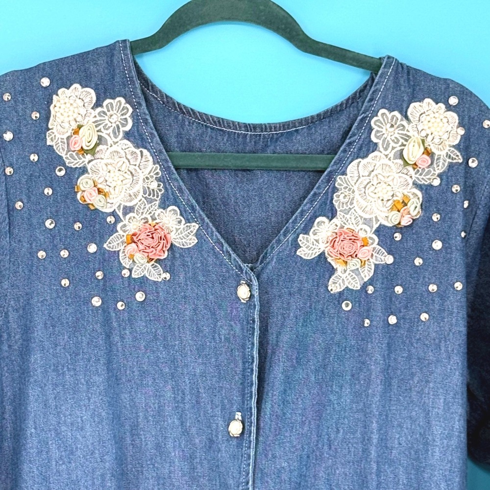Spotlight Vintage Denim Midi Denim Dress Lace Ribbon‎ Embroidery 90's Size L
